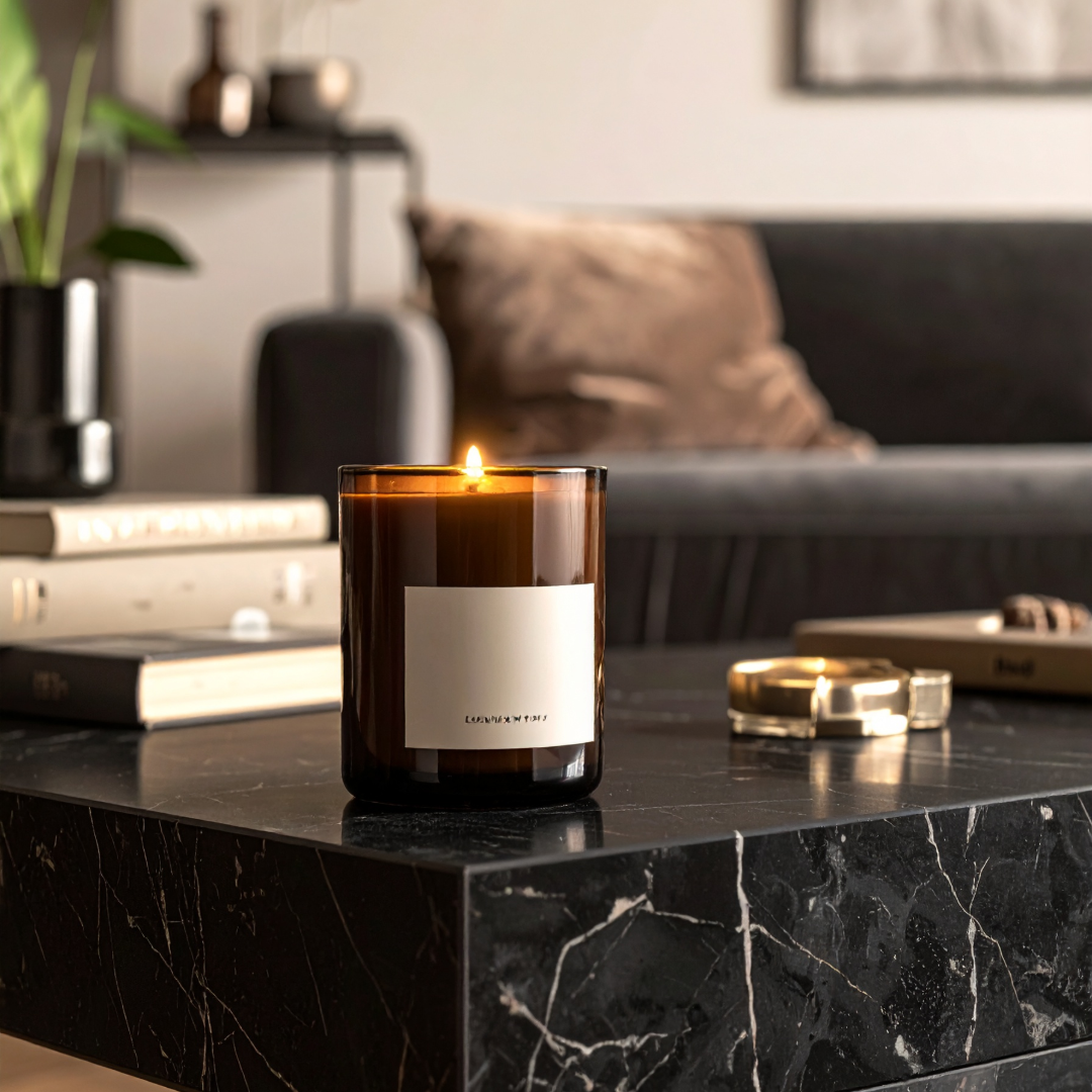 Luxury Candle glowing softly on a modern coffee table with books and decor in a stylish living room.
