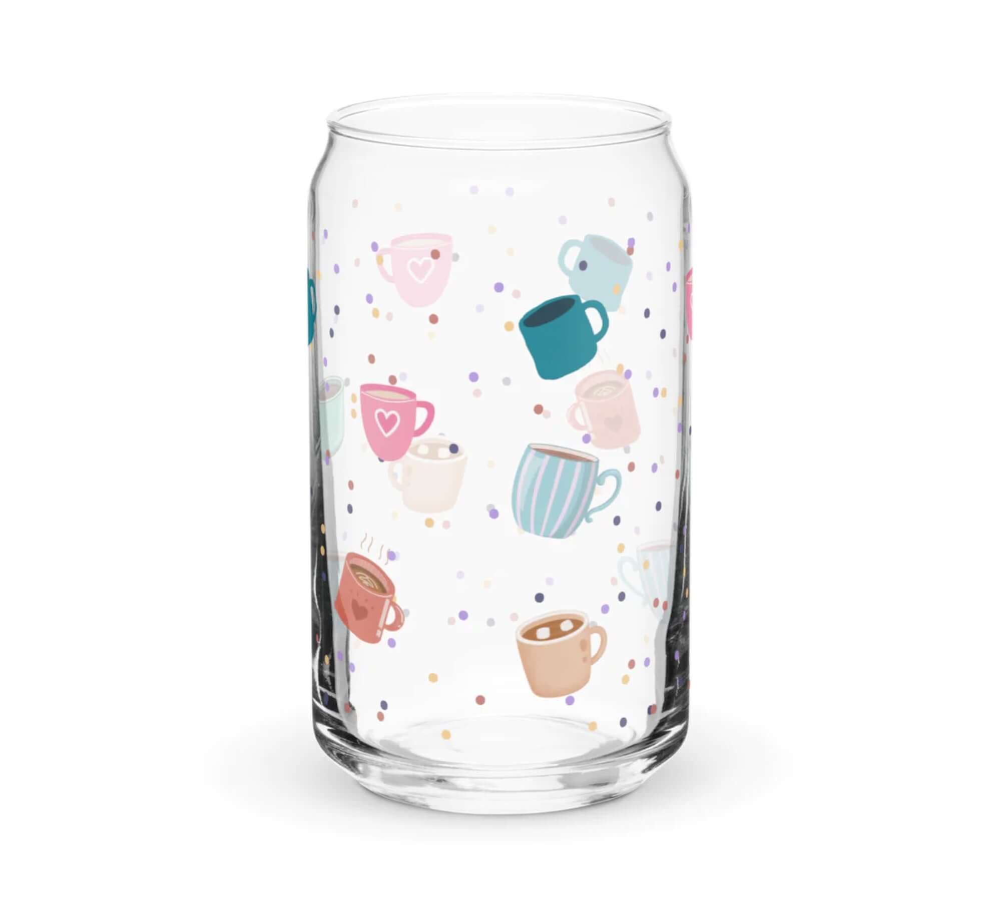 12.oz drinking glass decorated with mini coffee mugs