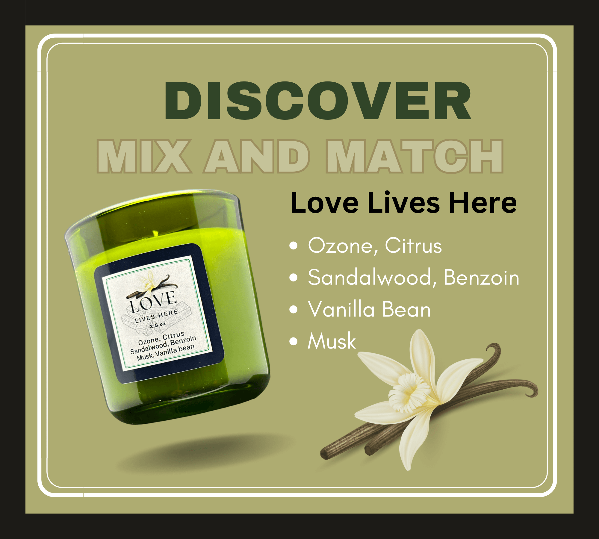 Love lives here candle. Vanilla, citrus and sandalwood. Fragrance discovery set.