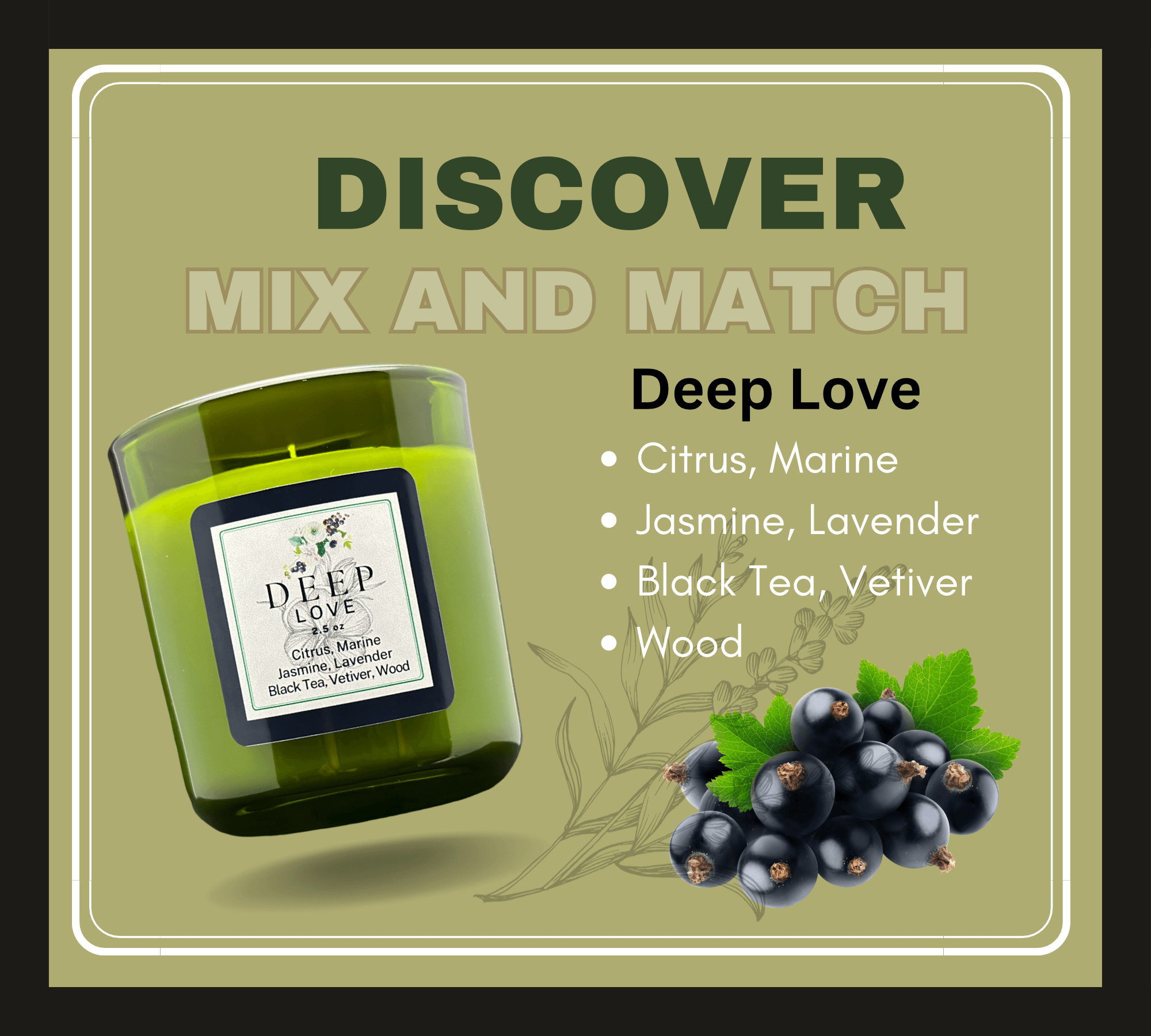 Deep Love candle. Citrus, jasmine and black tea. Fragrance discovery set.