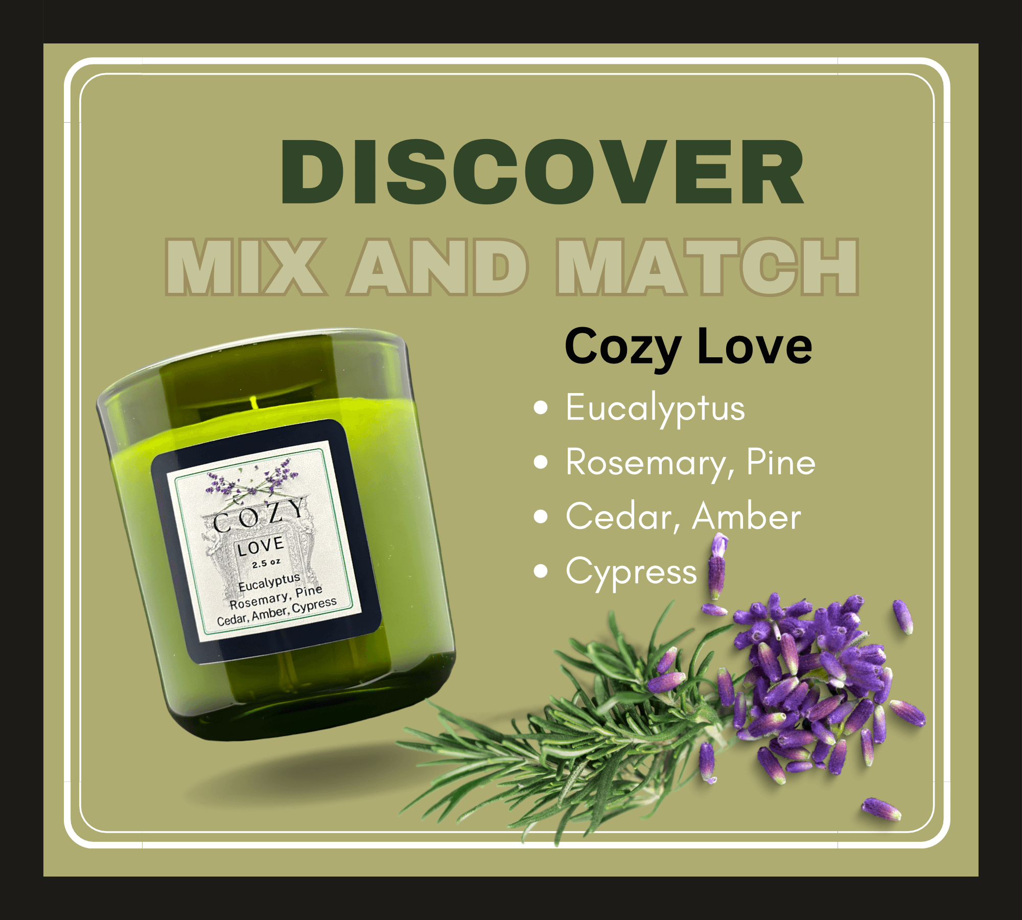 Cozy Love candle. Rosemary and lavender. Fragrance discovery set.